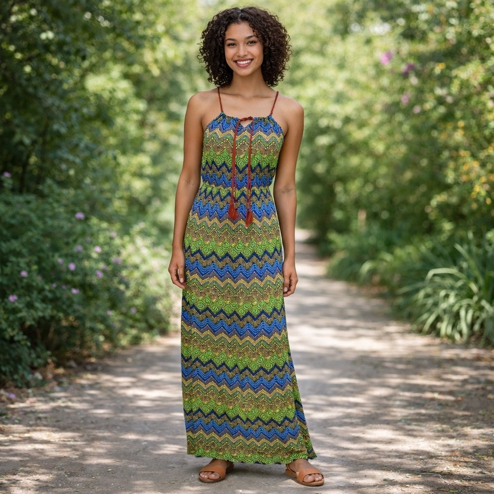 5th & Love Blue Green Chevron Cotton Maxi Dress Boho Braided‎ Straps Festival S